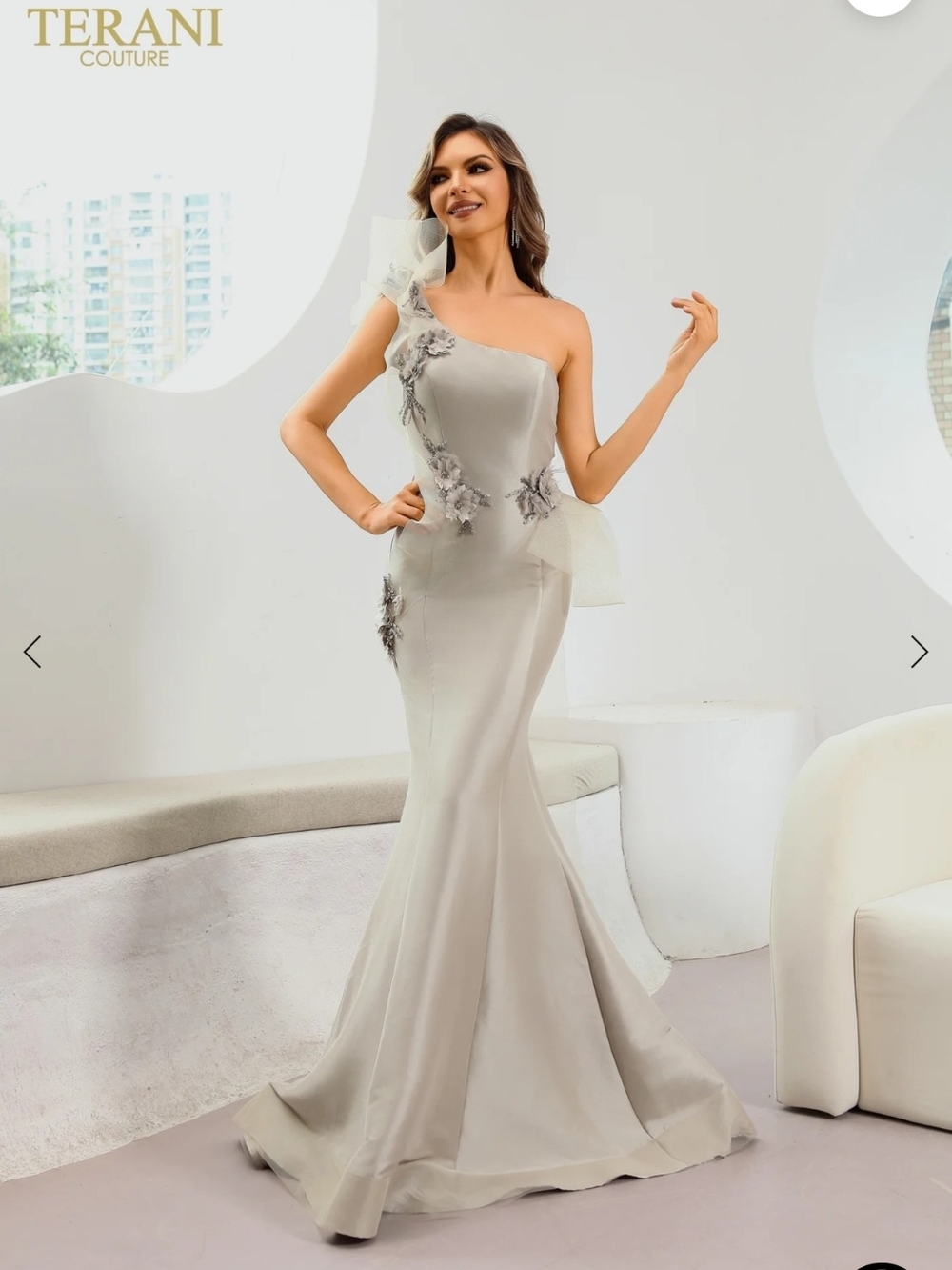NWT Terani Couture One Shoulder 3D Floral Mermaid Gown Taupe 8
